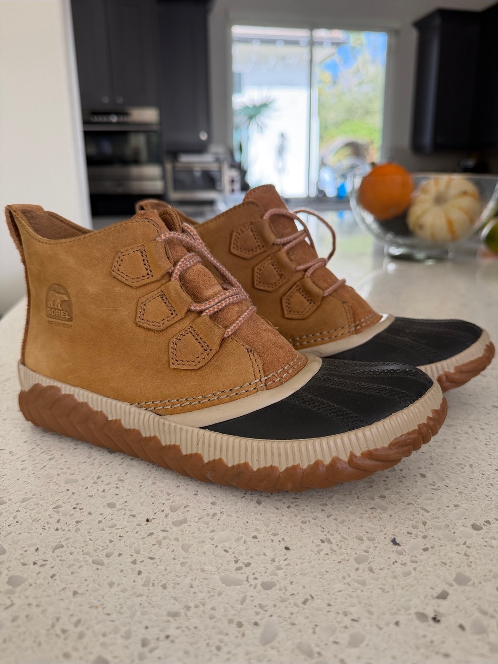Sorel Kids Suede Tan and Black Waterproof Lace-Up Duck Boots